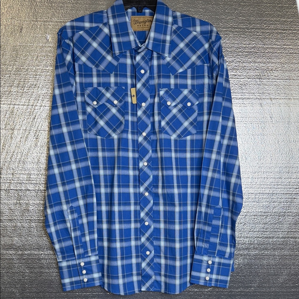 Wrangler Men's Blue Checkered Button Pearl Snap Down Shirt
